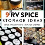 Pinterest image of RV spice storage solutions including spice jars in a drawer, magnetic spice jars on a RV fridge, and spices in a pull-out shelf.