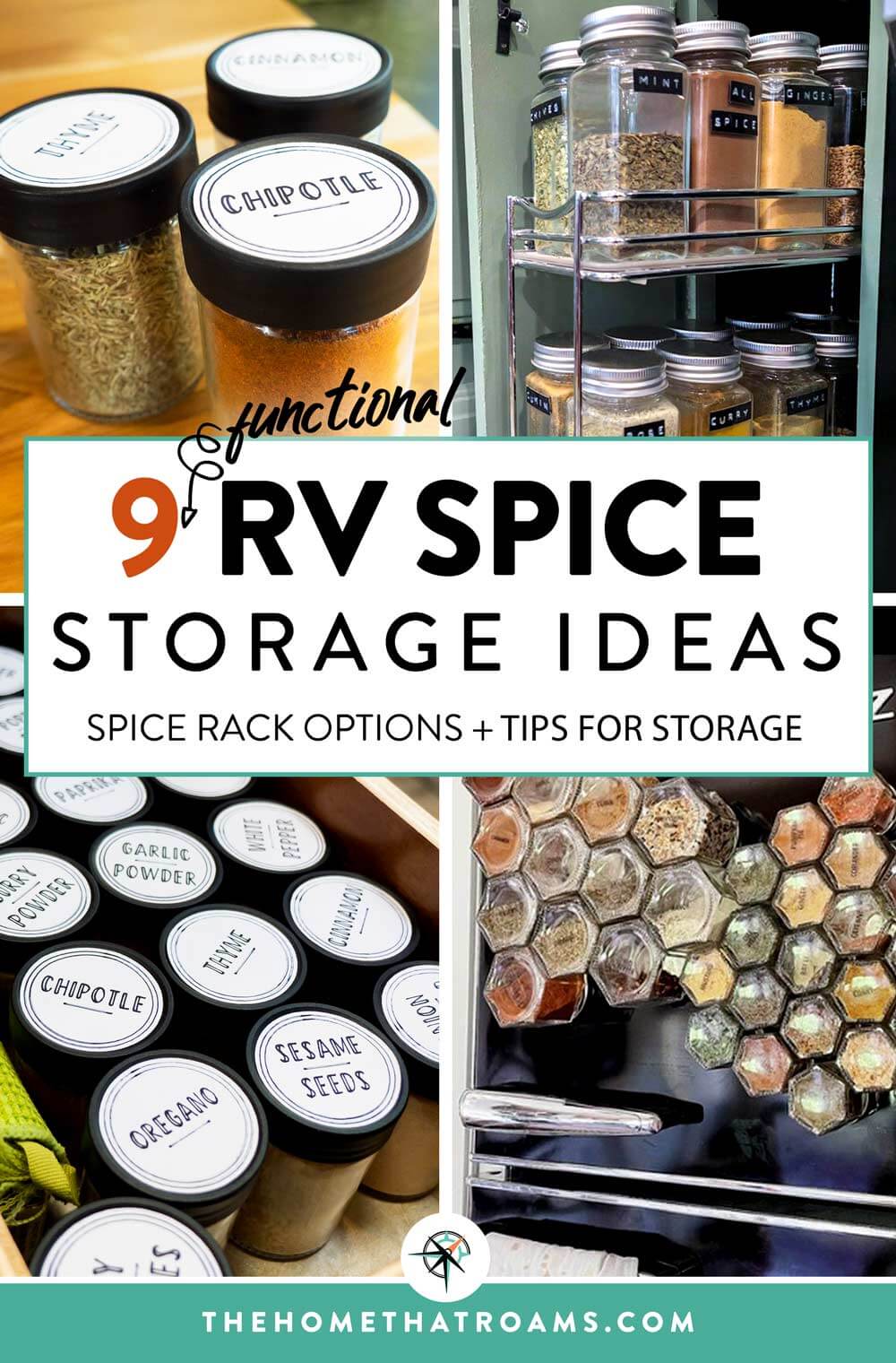 Pinterest image of RV spice storage solutions including spice jars in a drawer, magnetic spice jars on a RV fridge, and spices in a pull-out shelf.