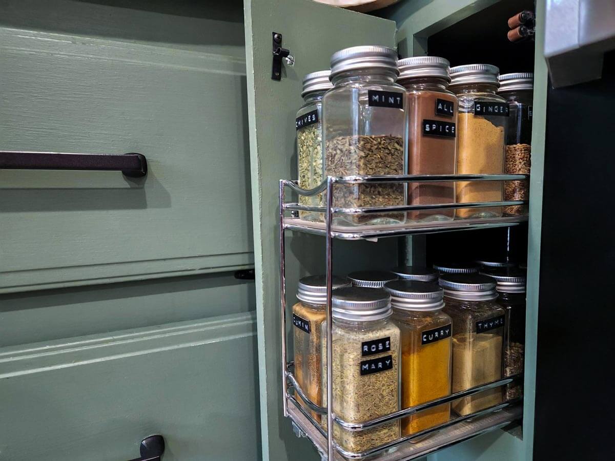 pull out spice rack in RV kitchen cabinet