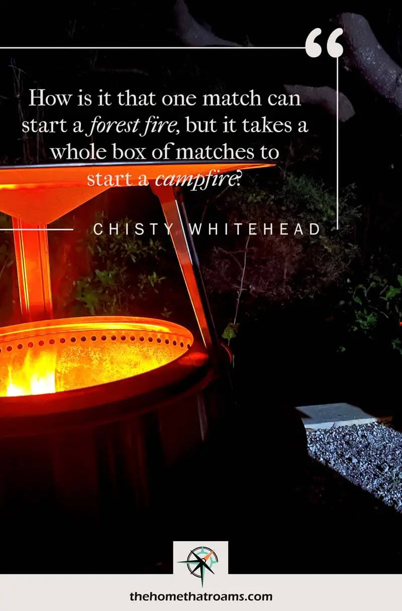 pin image of campfire at night with christy whitehead quote overlayed on the image
