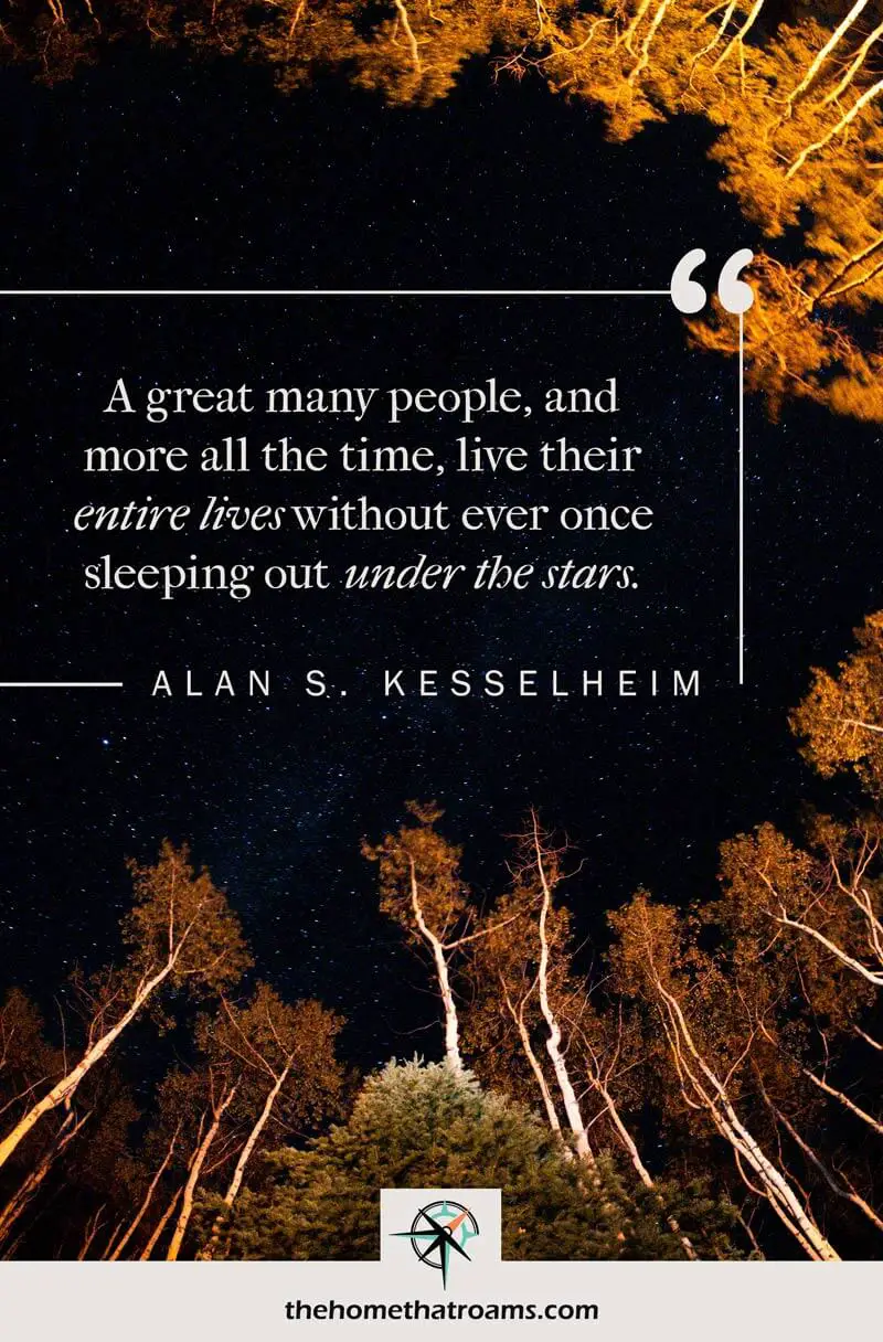 pin image of starry night sky with changing fall aspen trees all around and alan kesselheim quote overlayed on the image