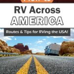 Pinterest image of open road with RV parked on the side. Upper image has Route 66 logo on the concrete. Overlayed text "How to RV Across America, Routes and tips to RVing the USA."