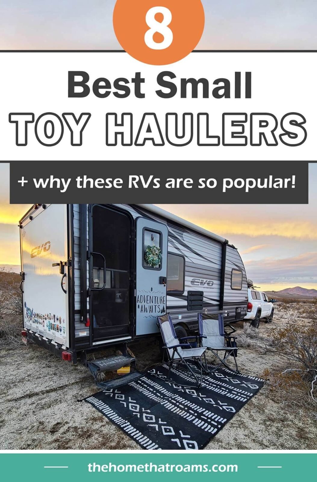 Pin image of a small toy hauler setup at a boondocking campsite.