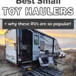 Pin image of a small toy hauler setup at a boondocking campsite.