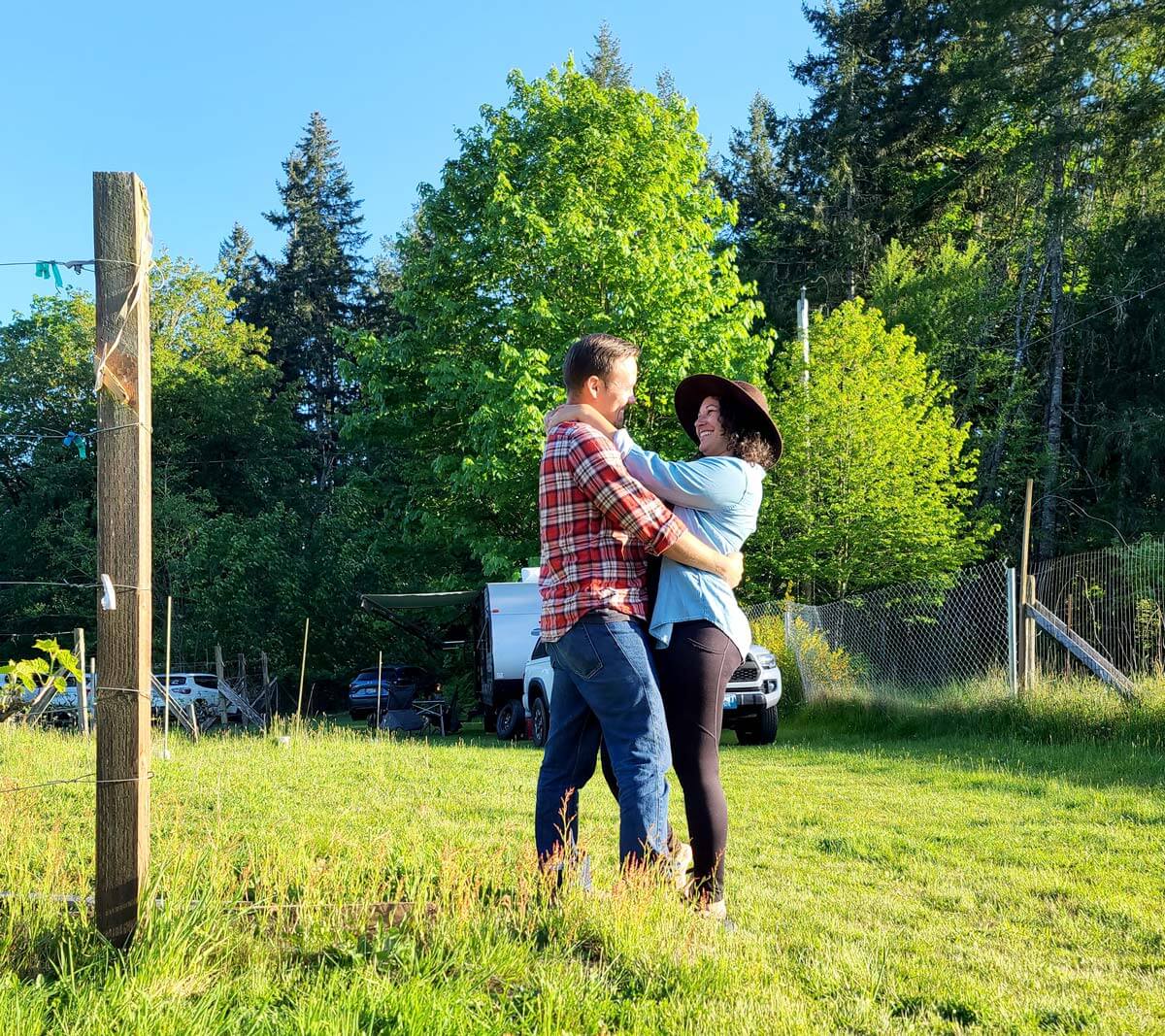 Couple dancing outside at a winery.