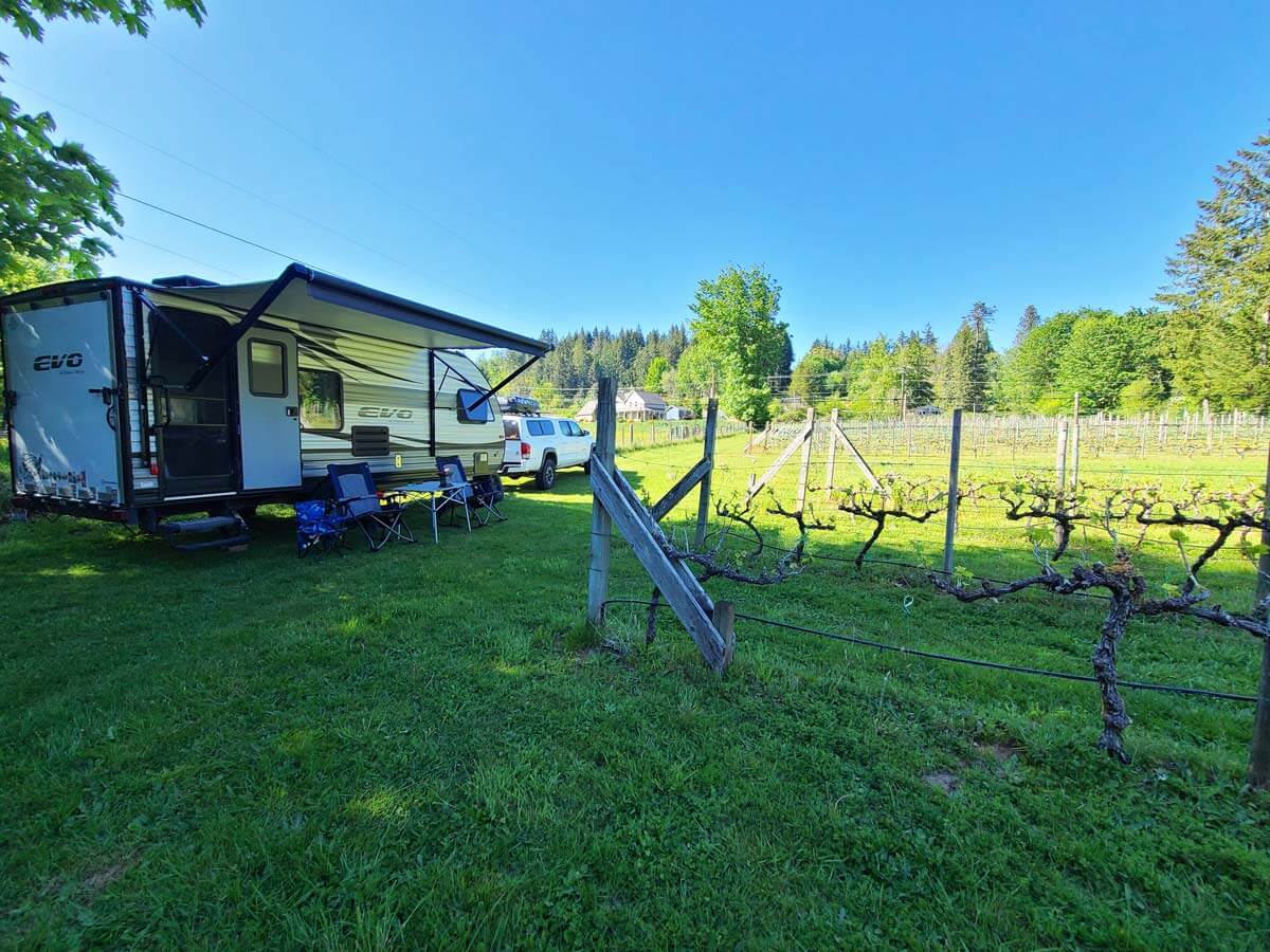 Harvest Hosts winery location with travel trailer parked overnight.
