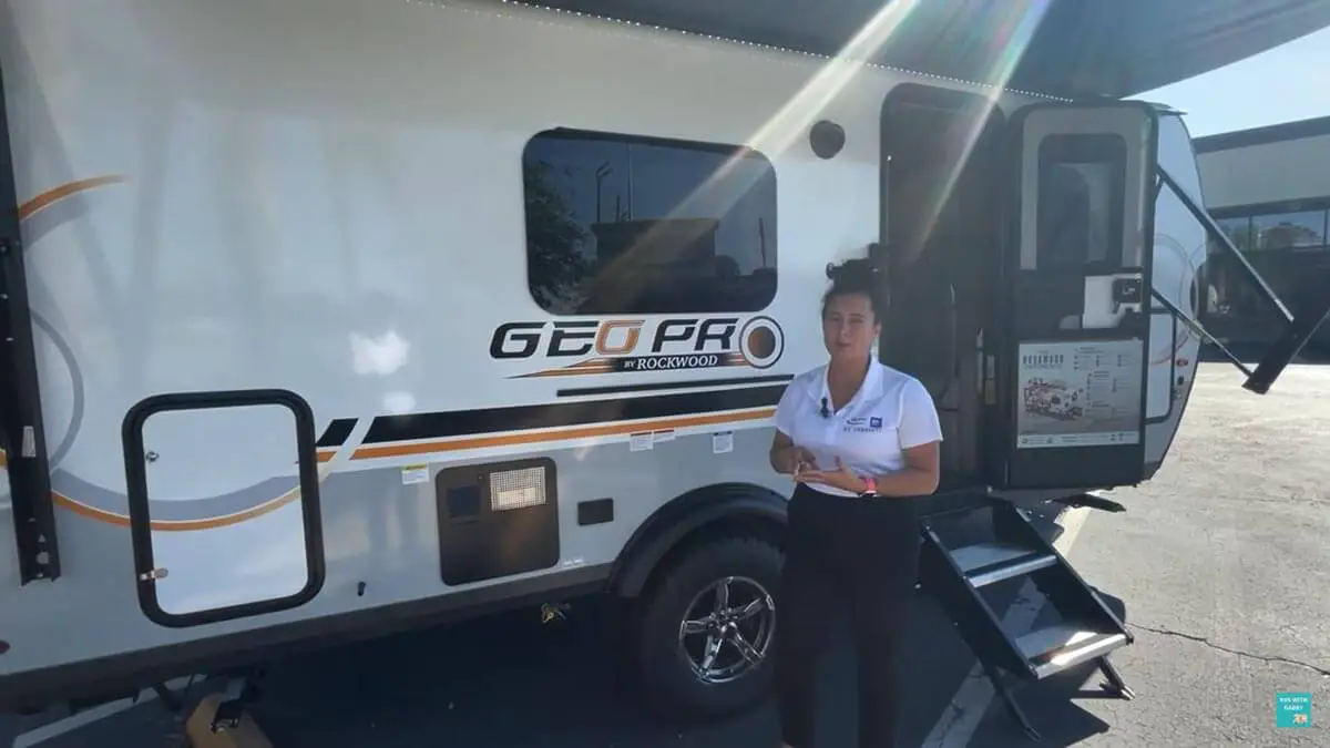 Still shot of video tour of the Rockwood Geo Pro small toy hauler.