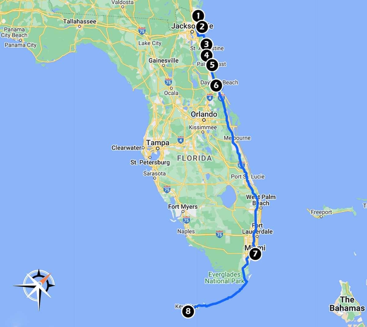 A1A Florida route map starting in Fernandina Beach and ending in Key West. 