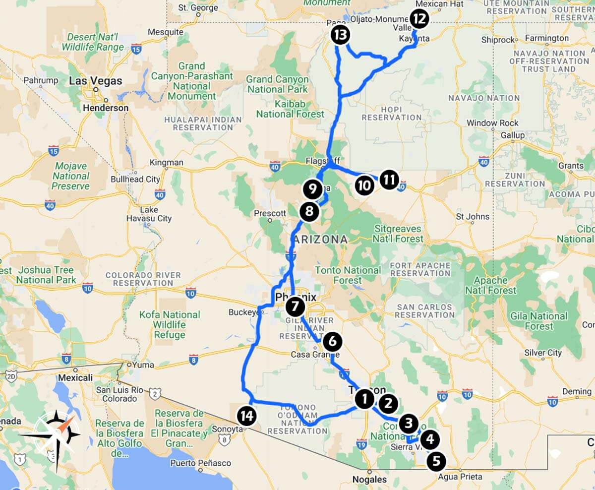 Arizona road trip route map that starts and ends in Tucson, Arizona.