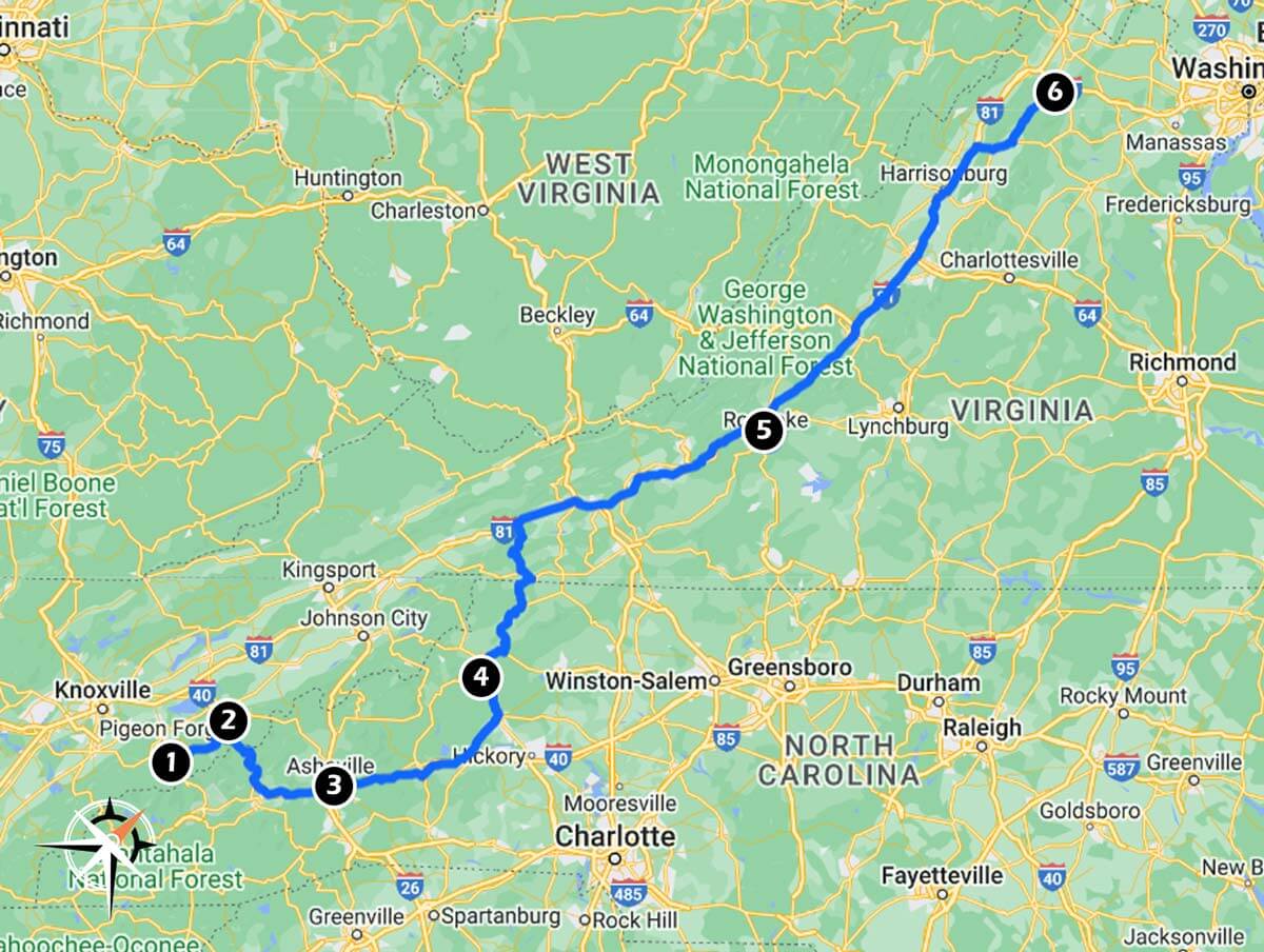 Blue Ridge Parkway route map starting in Gatlinburg, Tennessee and finishing in Shenandoah National Park.