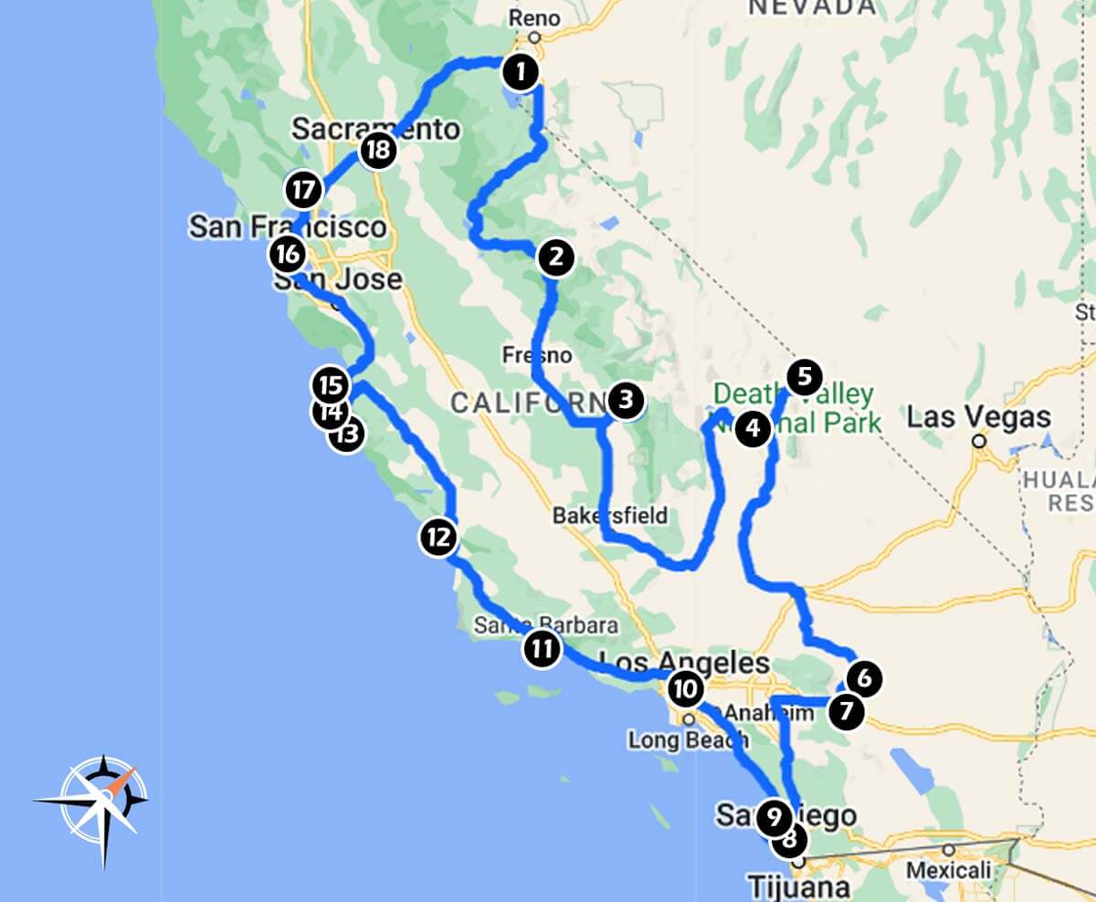 Route map of the California Loop starting and ending in Lake Tahoe.