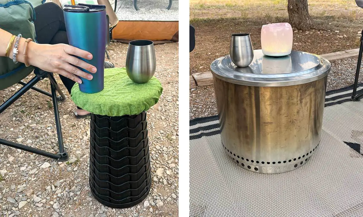 DIY camping table ideas - retractable stool as table (left), Solve Stove fire pit with lid as table (right)