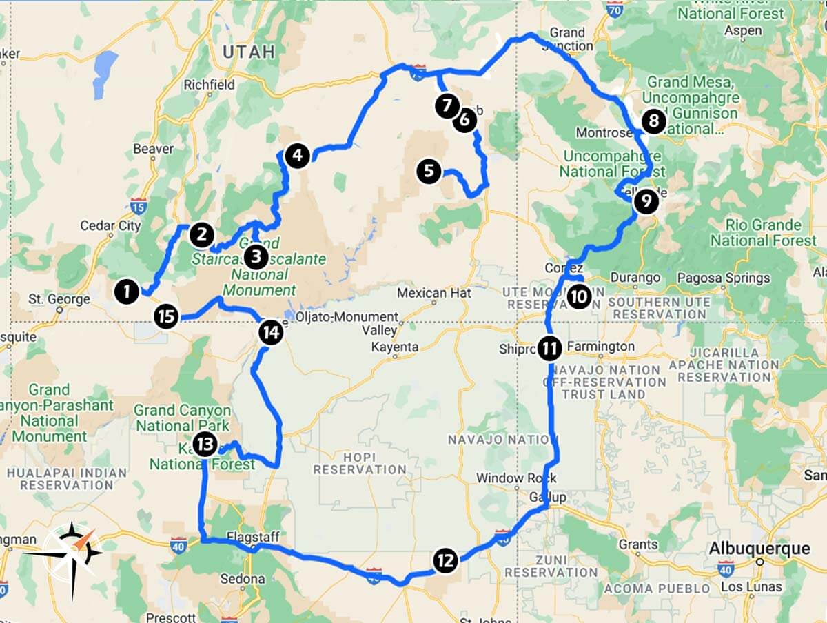 The Grand Circle of National Parks route map including many national parks in Utah, Arizona, and Colorado.