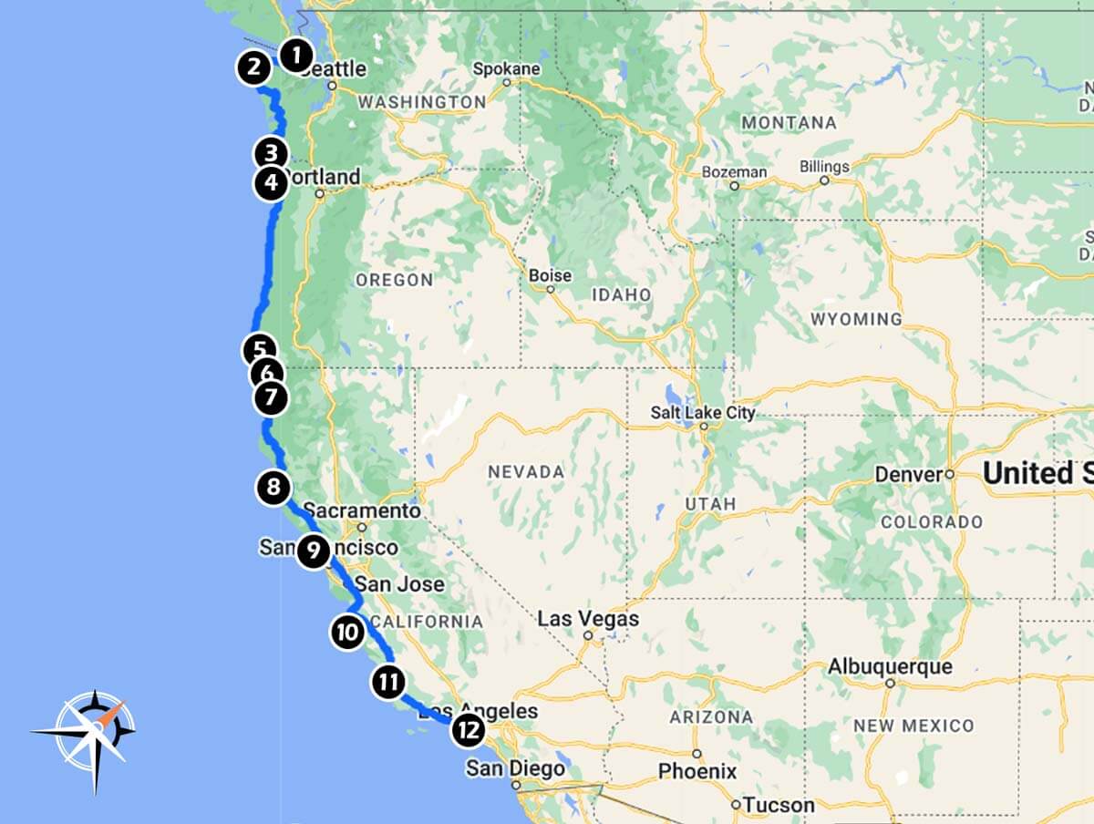 Route map of Pacific Coast Highway (PCH) starting in Olympic National Park and finishing at the Santa Monia Pier in California.