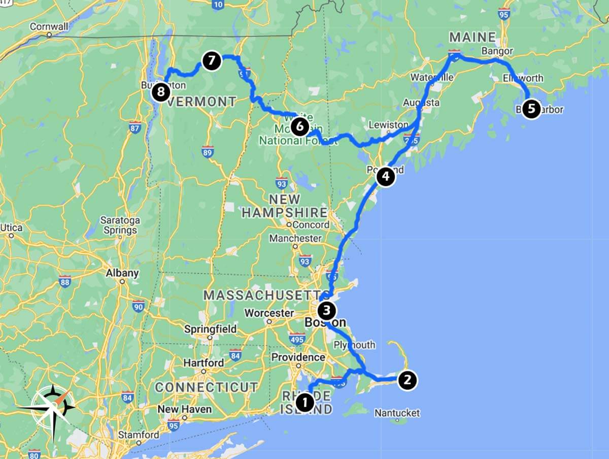 New England route map starting with Newport, Rhode Island and finishing in Burlington, Vermont.