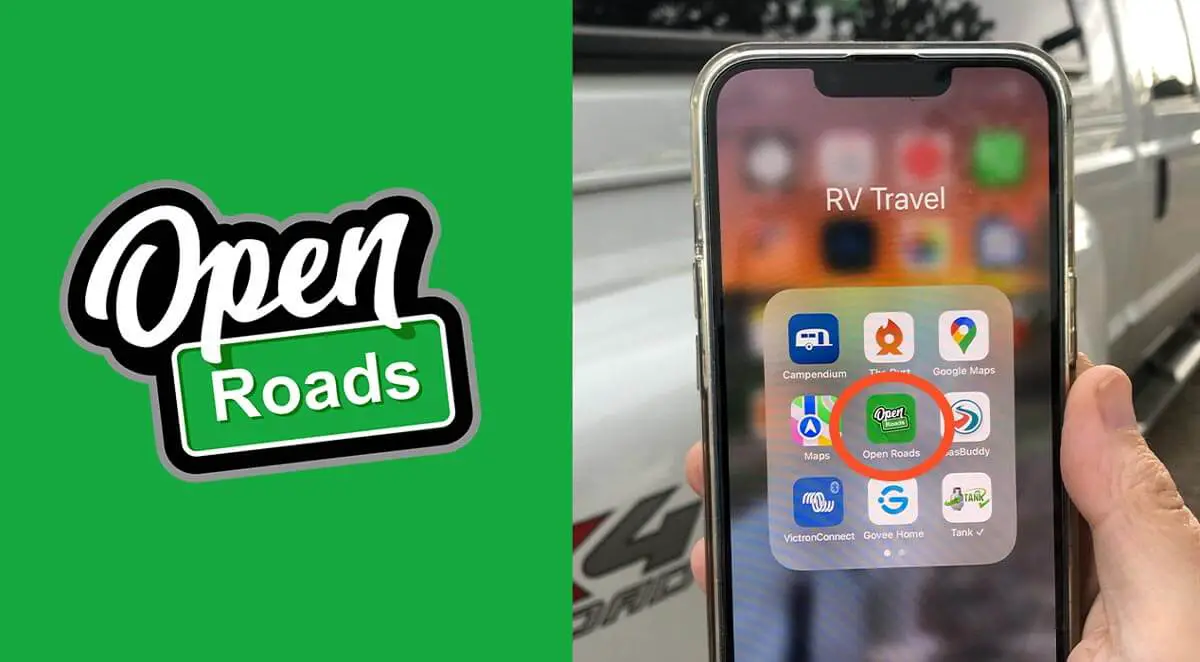 Open Roads logo and an image of an iPhone screen with the Open Roads mobile app circled.