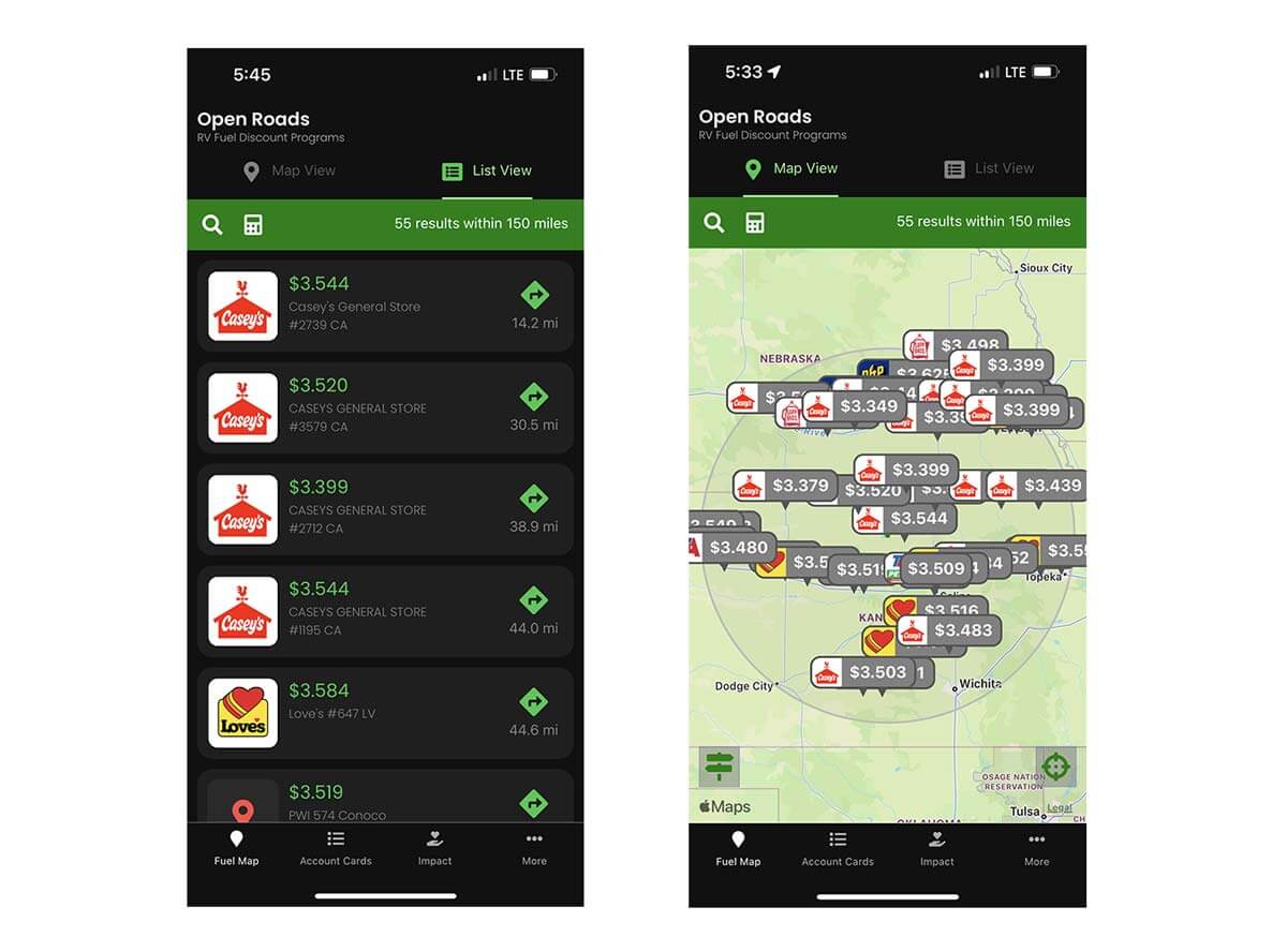 TSD Open Roads app screenshots of map view and list view of participating fuel stops.
