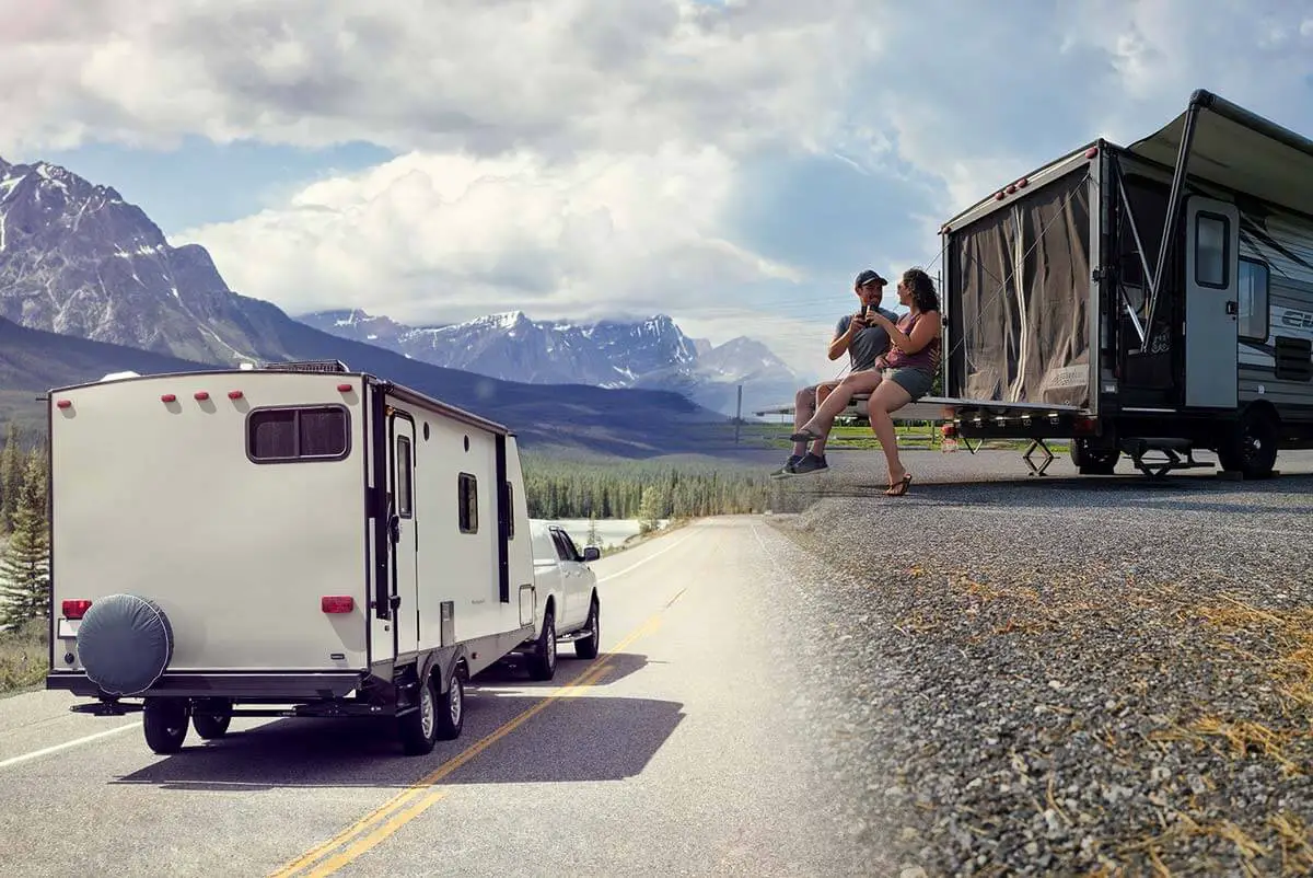 Travel trailer on open road on one side and couple on toy hauler patio ramp door on the other side.