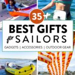 Pinterest image of sailing gifts - hammock installed on a sailboat, waterproof bag on a woman's waist, kayak on a beach shore, and towel waving in the wind on a boat.