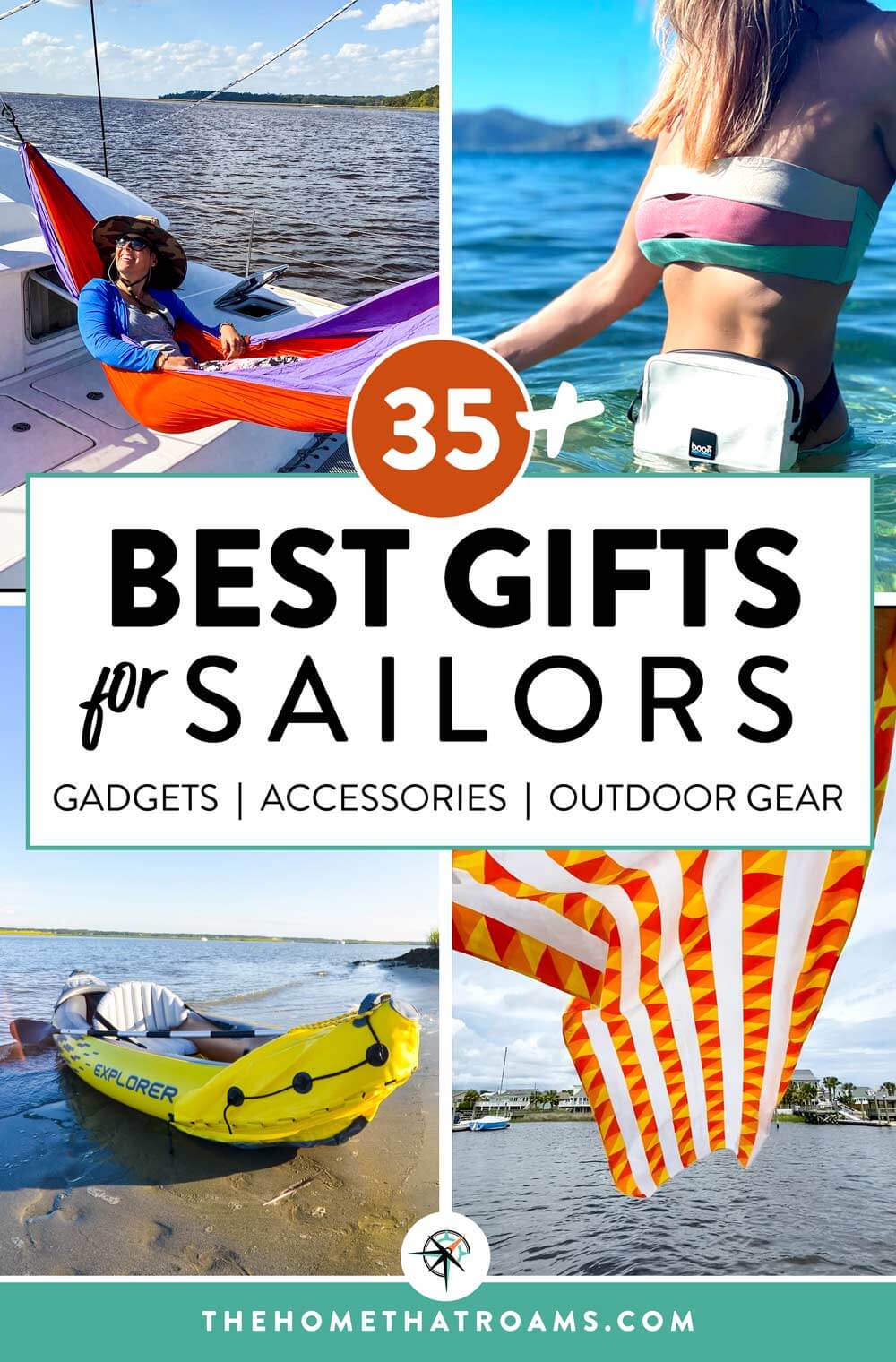 Pinterest image of sailing gifts - hammock installed on a sailboat, waterproof bag on a woman's waist, kayak on a beach shore, and towel waving in the wind on a boat.