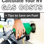 Pin of RVer pumping gas with overlay "Calculate Your RV Gas Costs + Tips to Save on Fuel"