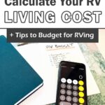 Pin image with calculator and note pad on desk with text overlay "Calculate Your RV Living Costs + Tips to Budget for RVing"