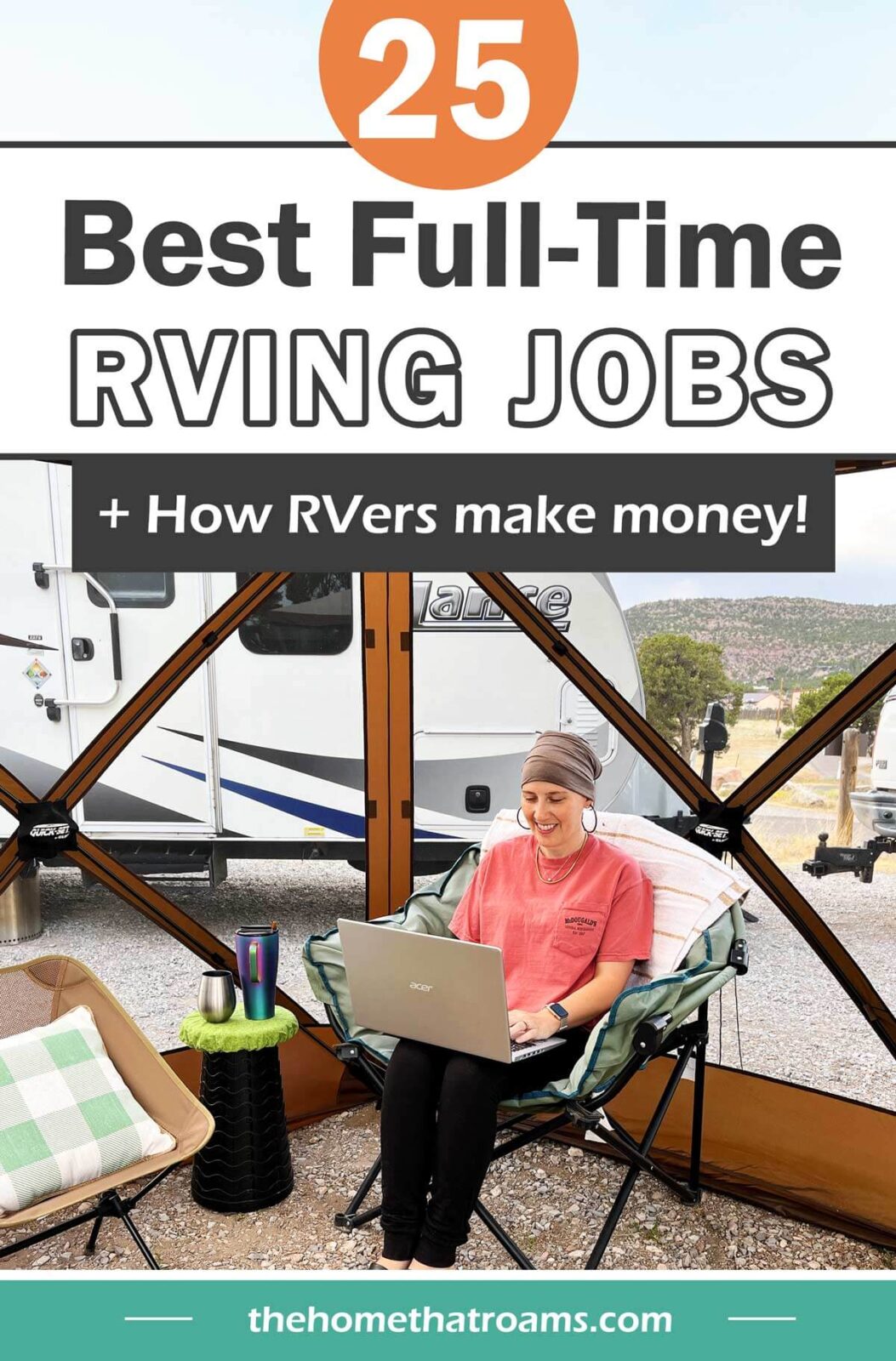 Pinterest image of RVer working remotely outside at a RV campsite.